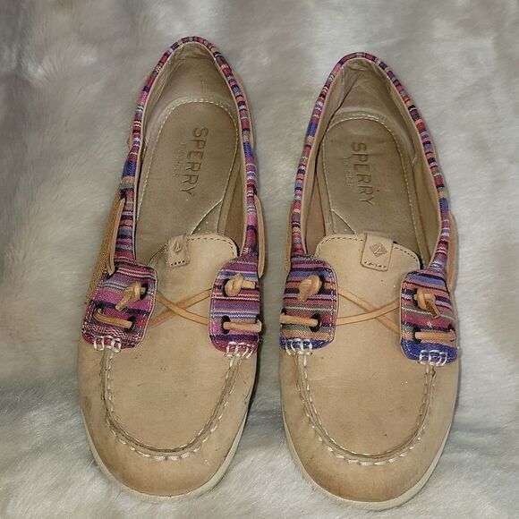 SPERRY TOP-SIDER TAN WITH PINK STRIPES LEATHER BOAT SHOES, SIZE 7.5 - Picture 2 of 10